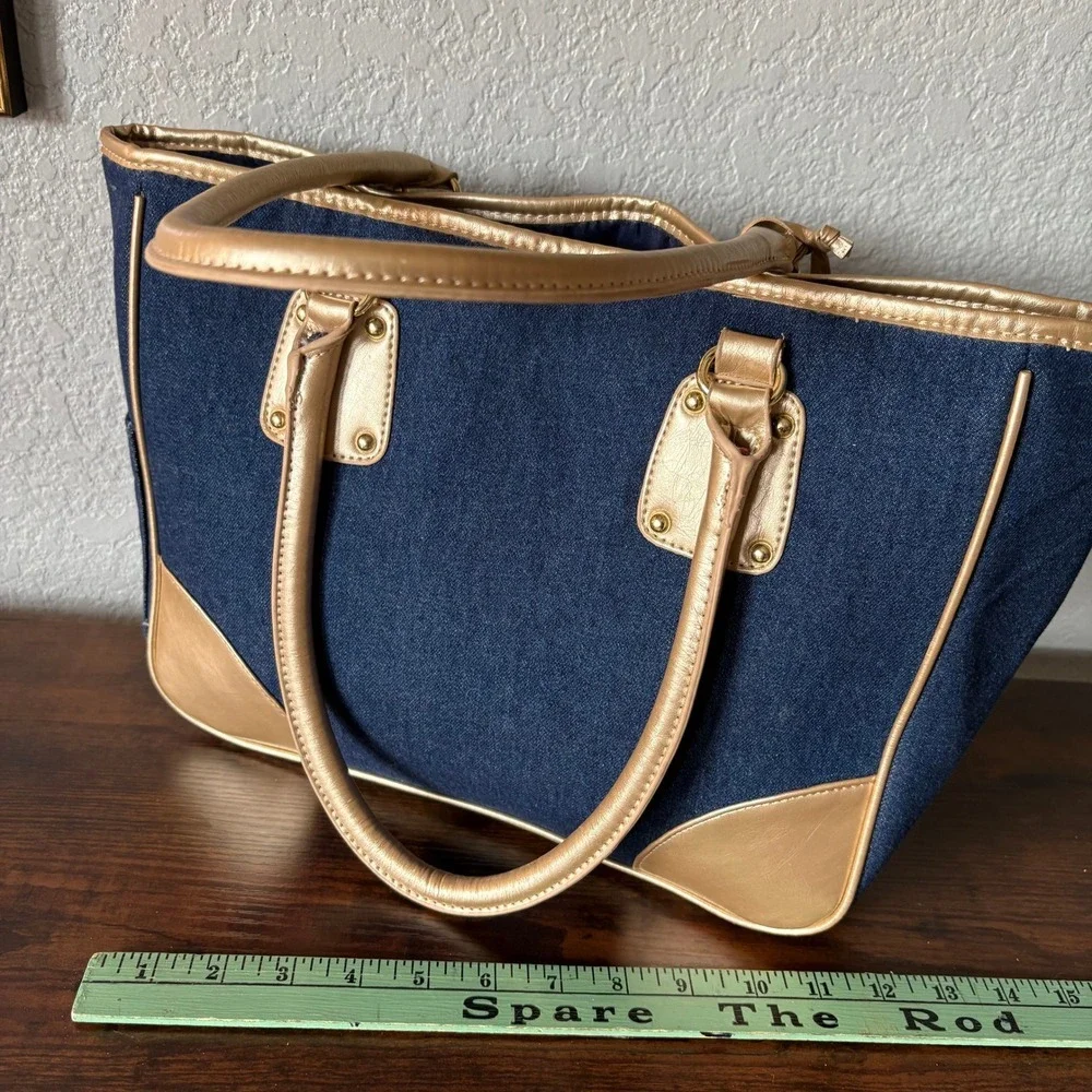 Neiman Marcus Denim & Metallic Gold Faux Leather Tote Bag Large Y2K Shoulder Bag